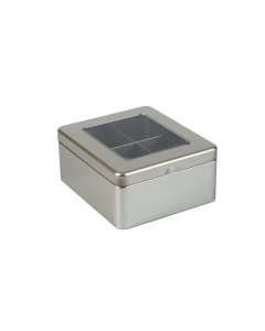 Caja metálica con ventana para te con 4 compartimentos