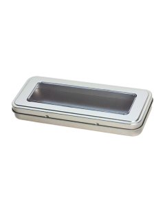 Caja metálica para bolígrafos con ventana