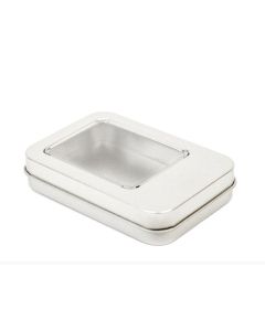 Envase metálico rectangular pequeño con ventana